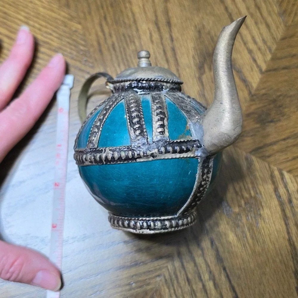 Vintage Moroccan Teal Ceramic Metal Filigree Teapot and Lidded Jar Set 2 Piece